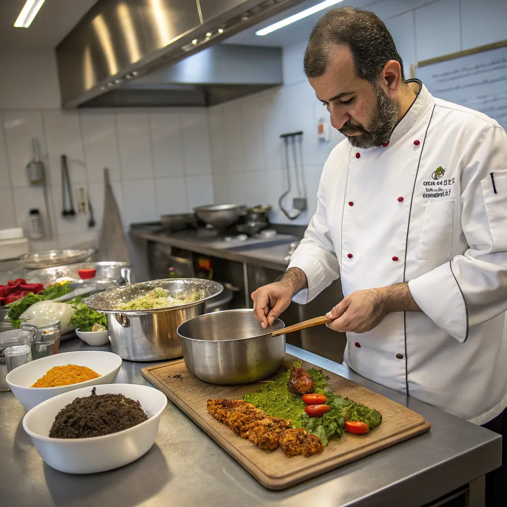 Chef demonstrating a Middle Eastern dish