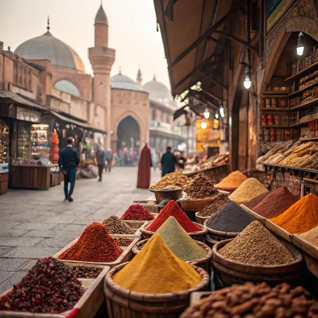 A vibrant and colorful Middle Eastern spice market