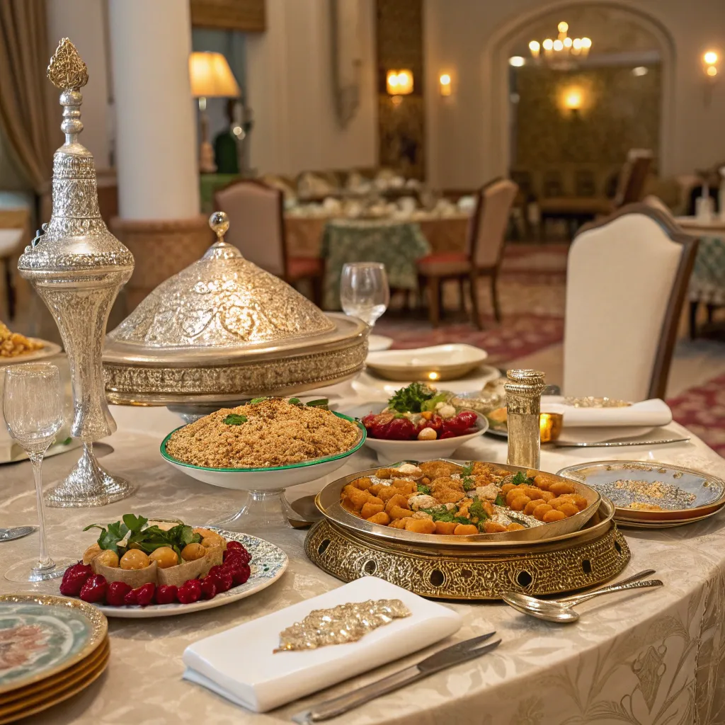 An elegantly set table prepared for a Middle Eastern dining experience